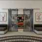 Glasschiebetür PIPE-LINE - Fineprint Modell 009 Weiss auf Grauglas Glasschiebetür PIPE-LINE - Fineprint Modell 009 Weiss auf Grauglas