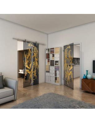 Ganzglastür - Fineprint Model 116 Gold auf Grauglas