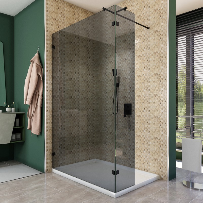 Walk In Dusche - Amora-03 - Duschwand - Schwarz - Grauglas Walk In Dusche - Amora-03 - Duschwand - Schwarz - Grauglas