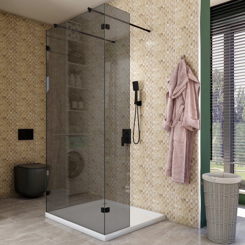 Walk In Dusche - Amora-10 - Duschwand - Schwarz - Grauglas Walk In Dusche - Amora-10 - Duschwand - Schwarz - Grauglas