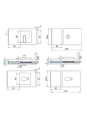 Schiebetürschloss Edelstahlfarbig für Griffmuschelbohrung