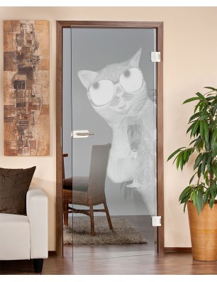 Ganzglastür Drinking Cat Gelasert Auf Klarglas