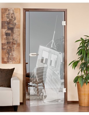 Ganzglastür Fischerboot Gelasert Auf Klarglas