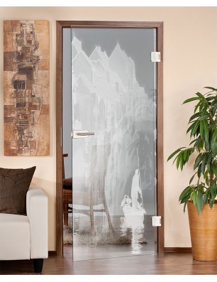 Ganzglastür Gondel Gelasert Auf Klarglas