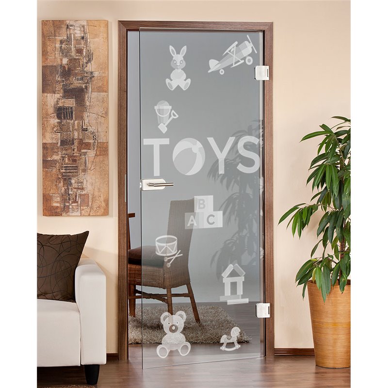 Ganzglastür Toys Gelasert Auf Klarglas Ganzglastür Toys Gelasert Auf Klarglas