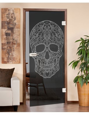 Ganzglastür Skull 3 Gelasert Auf Grauglas