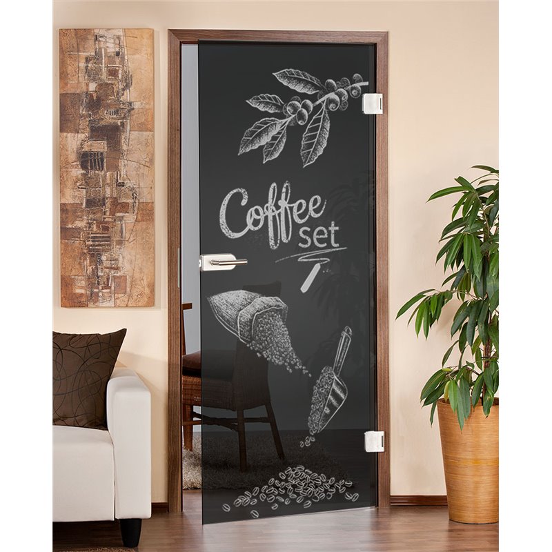 Ganzglastür Coffee Set Gelasert Auf Grauglas Ganzglastür Coffee Set Gelasert Auf Grauglas