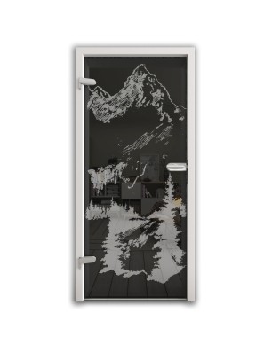 Ganzglastür Rocky Mountain Gelasert Auf Grauglas