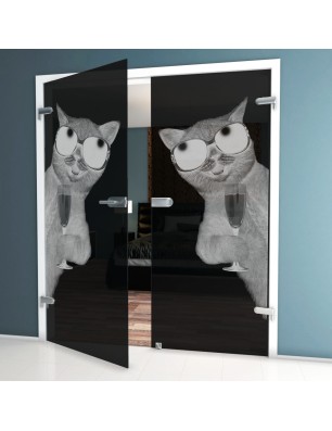 Ganzglastür Drinking Cat Gelasert Auf Grauglas