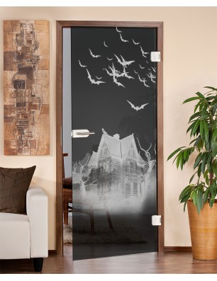 Ganzglastür Spukhaus Gelasert Auf Grauglas