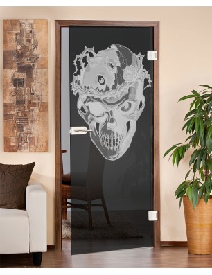 Ganzglastür Skull 4 Gelasert Auf Grauglas