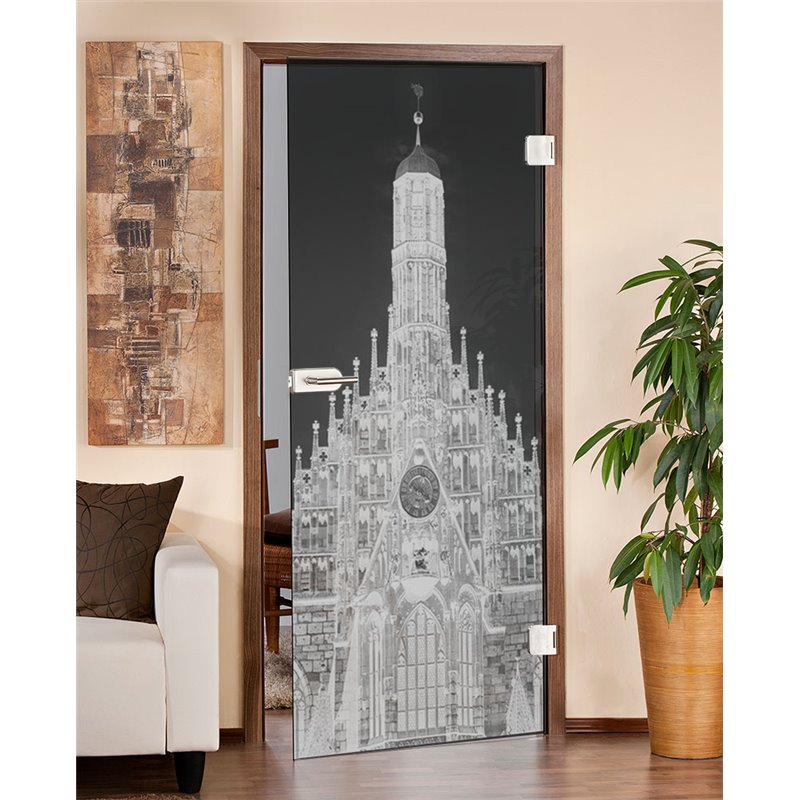 Ganzglastür Frauenkirche Gelasert Auf Grauglas Ganzglastür Frauenkirche Gelasert Auf Grauglas