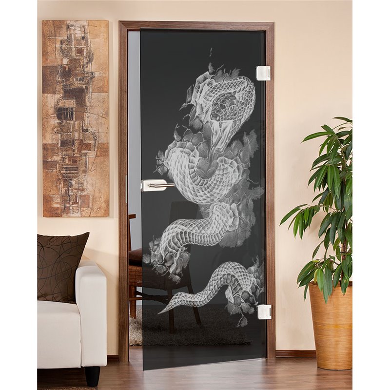 Ganzglastür Dragon Gelasert Auf Grauglas Ganzglastür Dragon Gelasert Auf Grauglas
