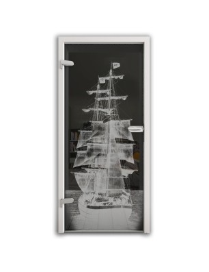 Ganzglastür Segelschiff II Gelasert Auf Grauglas