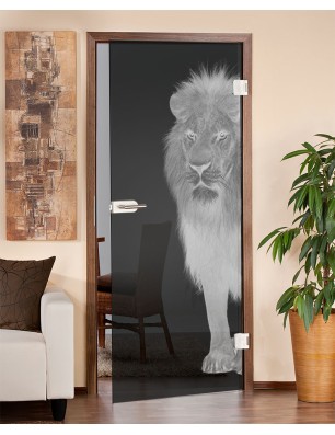 Ganzglastür Löwe Gelasert Auf Grauglas