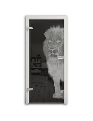 Ganzglastür Löwe Gelasert Auf Grauglas