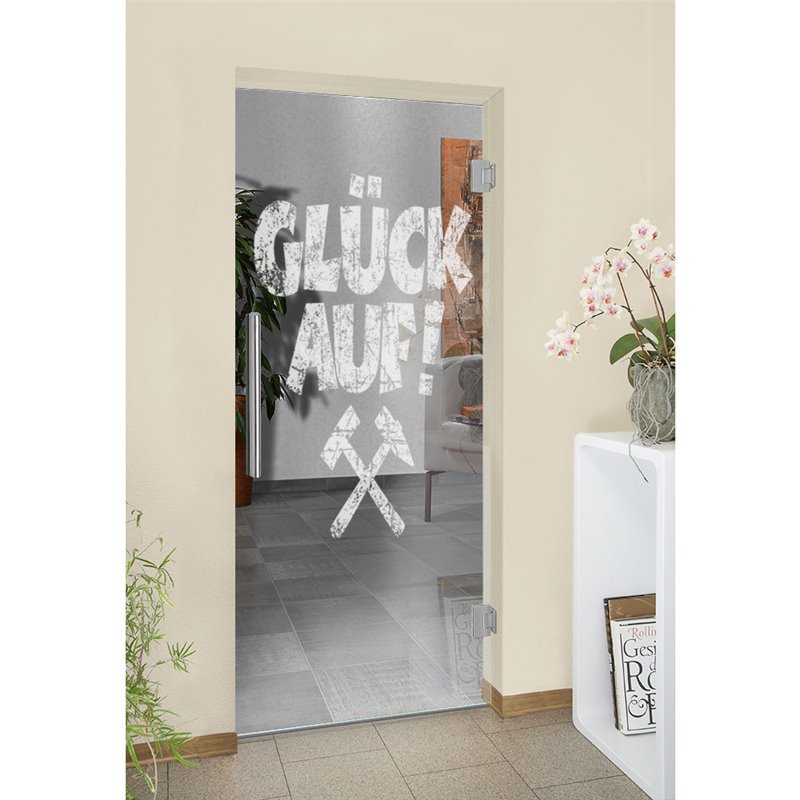 Pendeltür Glück Auf Gelasert Auf Klarglas Pendeltür Glück Auf Gelasert Auf Klarglas