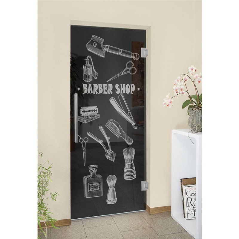Pendeltür Barber Shop Gelasert Auf Grauglas Pendeltür Barber Shop Gelasert Auf Grauglas