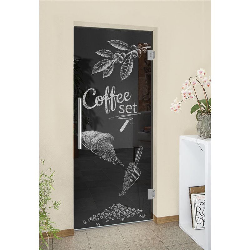 Pendeltür Coffee Set Gelasert Auf Grauglas Pendeltür Coffee Set Gelasert Auf Grauglas
