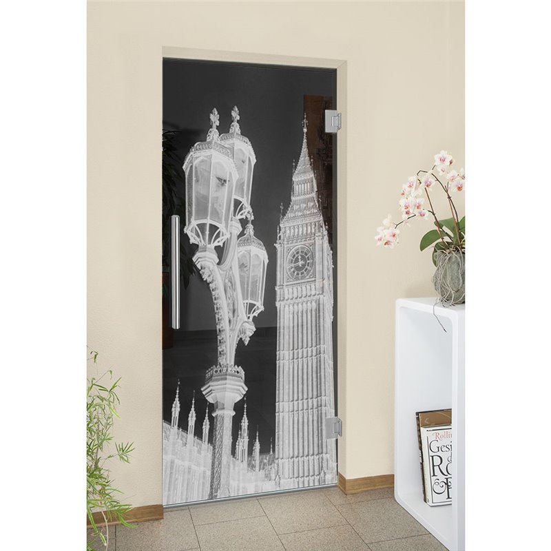 Pendeltür Big Ben Gelasert Auf Grauglas Pendeltür Big Ben Gelasert Auf Grauglas