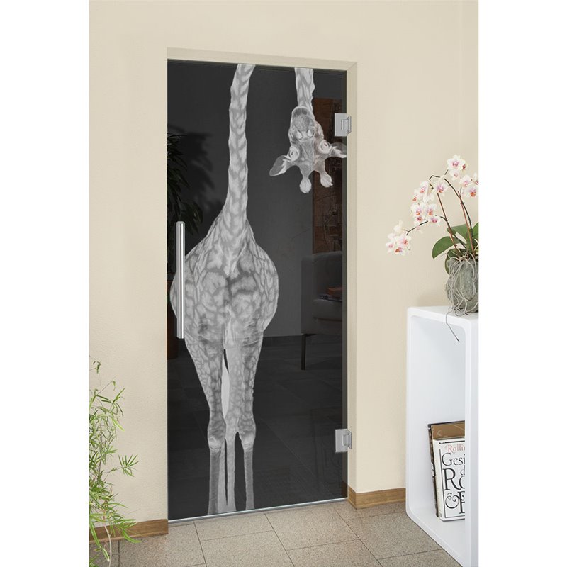 Pendeltür Giraffenhals Gelasert Auf Grauglas Pendeltür Giraffenhals Gelasert Auf Grauglas