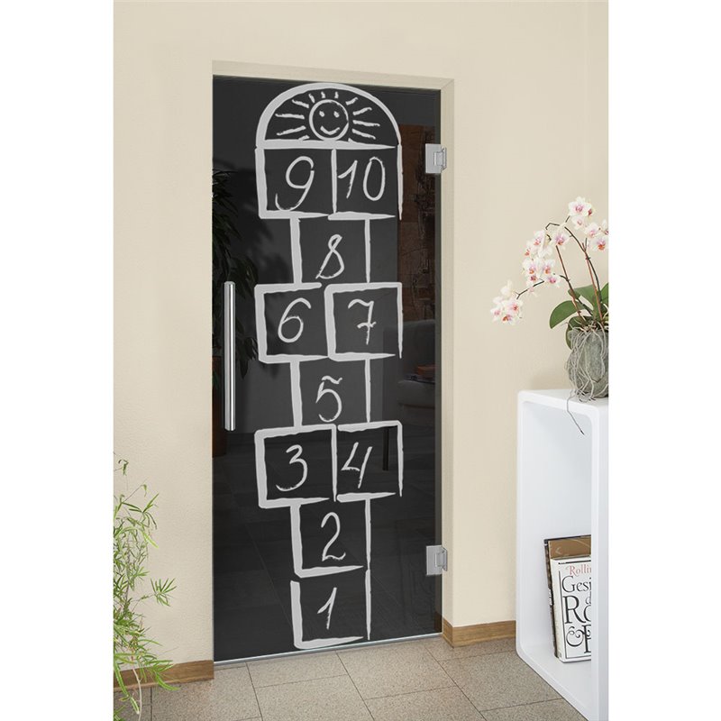 Pendeltür Hopscotch Gelasert Auf Grauglas Pendeltür Hopscotch Gelasert Auf Grauglas