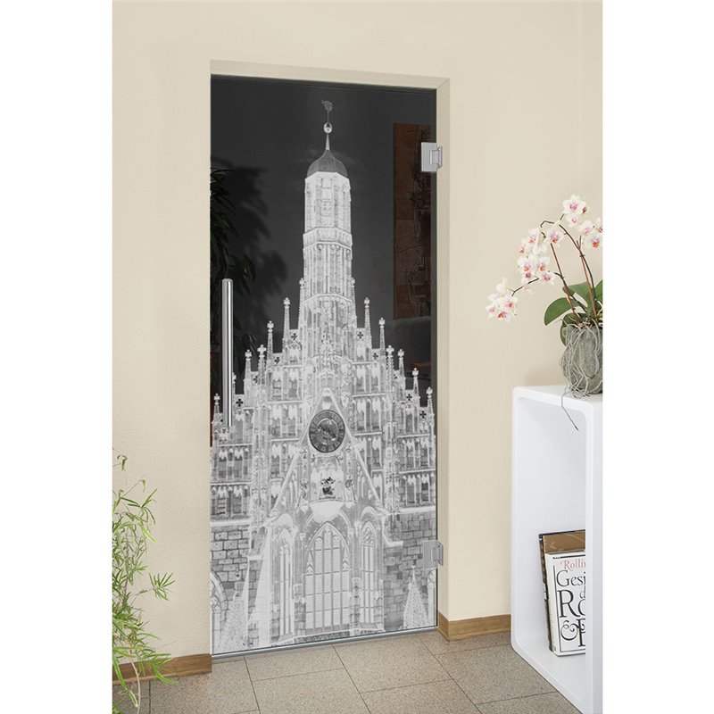 Pendeltür Frauenkirche Gelasert Auf Grauglas Pendeltür Frauenkirche Gelasert Auf Grauglas