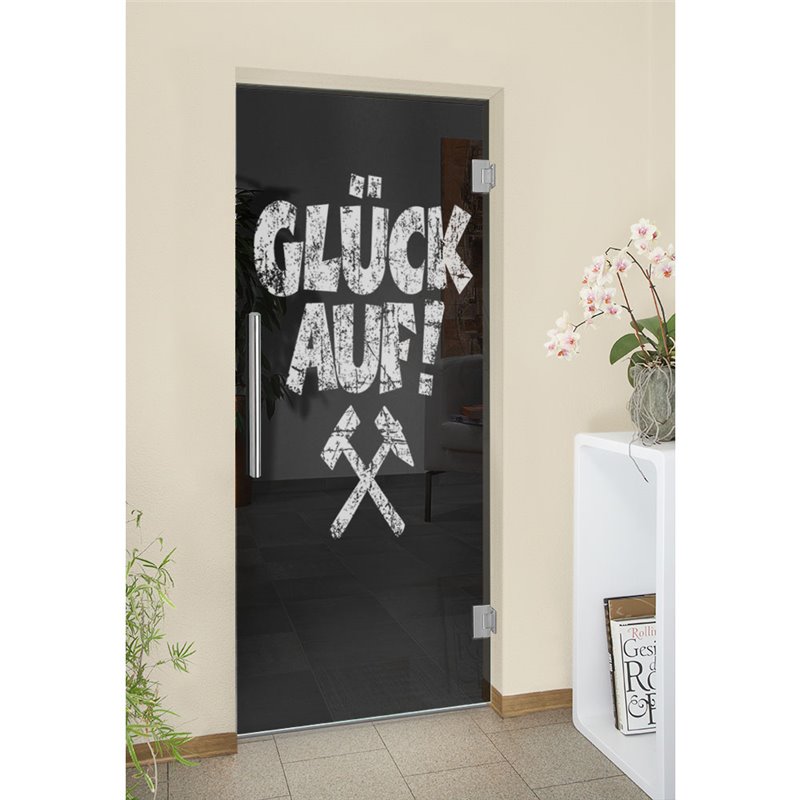 Pendeltür Glück Auf Gelasert Auf Grauglas Pendeltür Glück Auf Gelasert Auf Grauglas