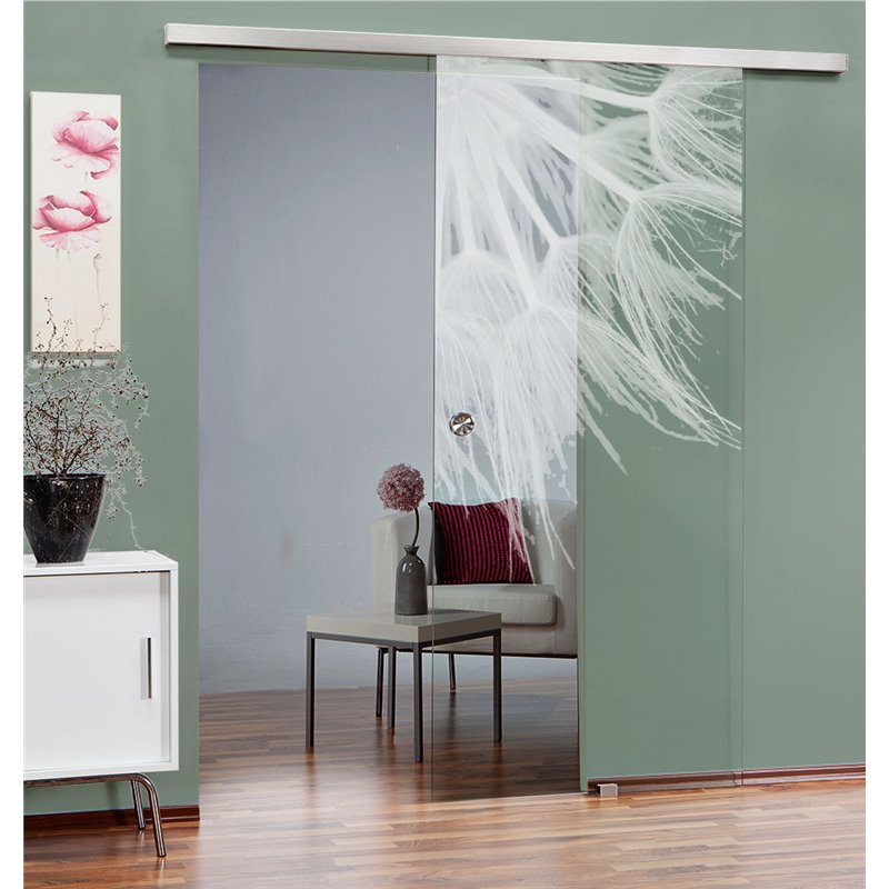 Glasschiebetür SLIM-LINE Pusteblume II Gelasert Auf Klarglas Glasschiebetür SLIM-LINE Pusteblume II Gelasert Auf Klarglas