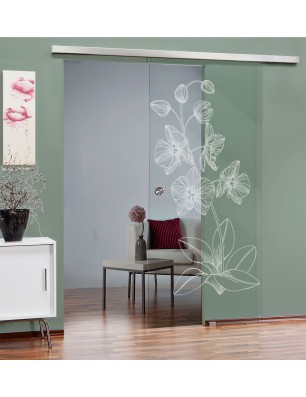 Glasschiebetür SLIM-LINE Blume 9 Gelasert Auf Klarglas