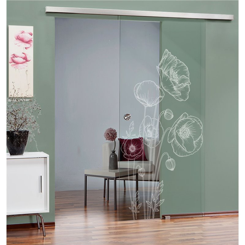 Glasschiebetür SLIM-LINE Blume 10 Gelasert Auf Klarglas Glasschiebetür SLIM-LINE Blume 10 Gelasert Auf Klarglas