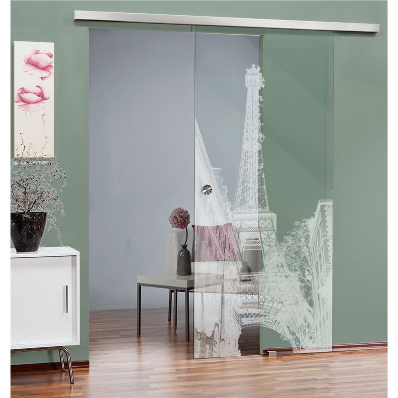 Glasschiebetür SLIM-LINE Eifelturm 4 Gelasert Auf Klarglas Glasschiebetür SLIM-LINE Eifelturm 4 Gelasert Auf Klarglas