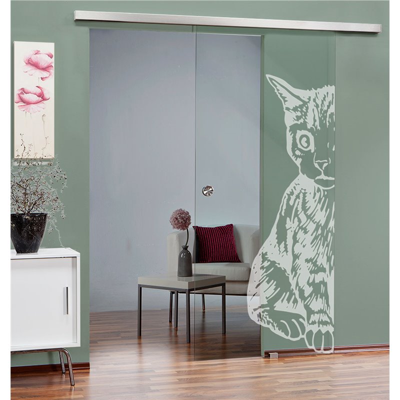 Glasschiebetür SLIM-LINE Katze Gelasert Auf Klarglas Glasschiebetür SLIM-LINE Katze Gelasert Auf Klarglas