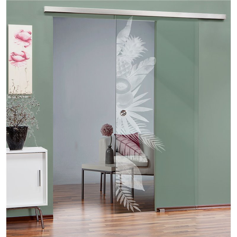 Glasschiebetür SLIM-LINE Tropical II Gelasert Auf Klarglas Glasschiebetür SLIM-LINE Tropical II Gelasert Auf Klarglas