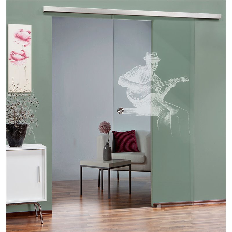 Glasschiebetür SLIM-LINE Gitarist Gelasert Auf Klarglas Glasschiebetür SLIM-LINE Gitarist Gelasert Auf Klarglas