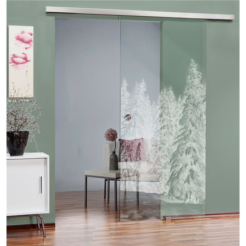 Glasschiebetür SLIM-LINE Winterwald Gelasert Auf Klarglas Glasschiebetür SLIM-LINE Winterwald Gelasert Auf Klarglas