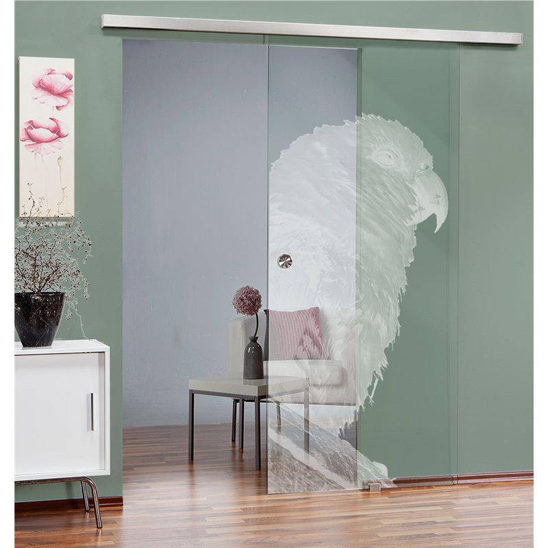Glasschiebetür SLIM-LINE Sittich Gelasert Auf Klarglas Glasschiebetür SLIM-LINE Sittich Gelasert Auf Klarglas