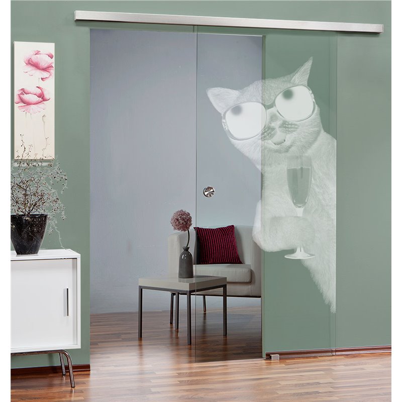 Glasschiebetür SLIM-LINE Drinking Cat Gelasert Auf Klarglas Glasschiebetür SLIM-LINE Drinking Cat Gelasert Auf Klarglas