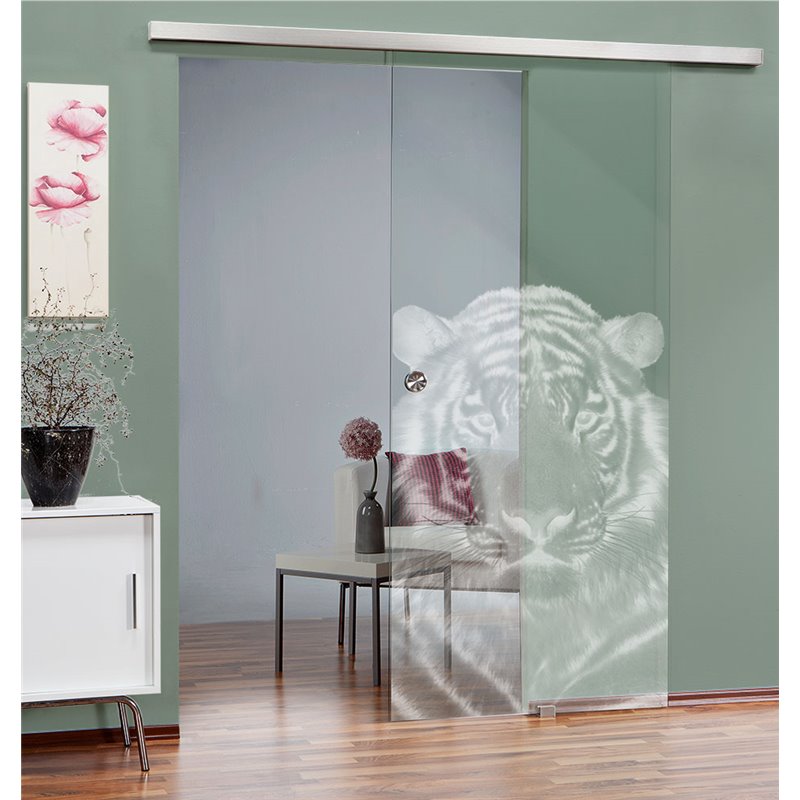 Glasschiebetür SLIM-LINE Tigerkopf Gelasert Auf Klarglas Glasschiebetür SLIM-LINE Tigerkopf Gelasert Auf Klarglas