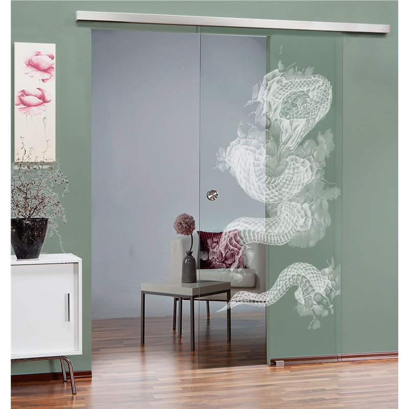 Glasschiebetür SLIM-LINE Dragon Gelasert Auf Klarglas Glasschiebetür SLIM-LINE Dragon Gelasert Auf Klarglas
