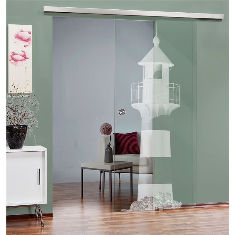 Glasschiebetür SLIM-LINE Leuchtturm 2 Gelasert Auf Klarglas Glasschiebetür SLIM-LINE Leuchtturm 2 Gelasert Auf Klarglas