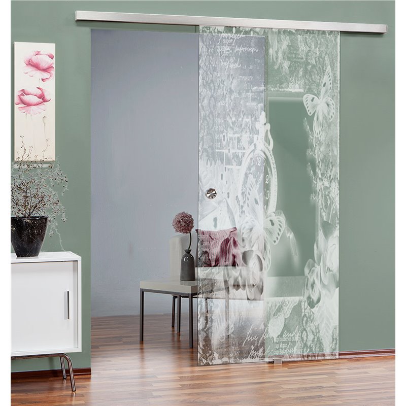 Glasschiebetür SLIM-LINE Vintage flowers Gelasert Auf Klarglas Glasschiebetür SLIM-LINE Vintage flowers Gelasert Auf Klarglas
