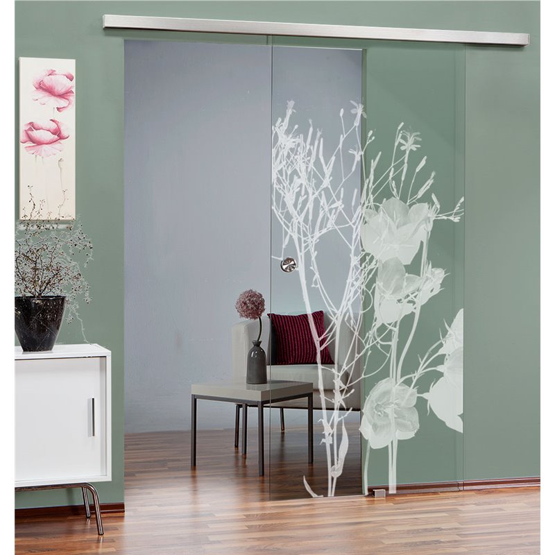 Glasschiebetür SLIM-LINE Blume 7 Gelasert Auf Klarglas Glasschiebetür SLIM-LINE Blume 7 Gelasert Auf Klarglas