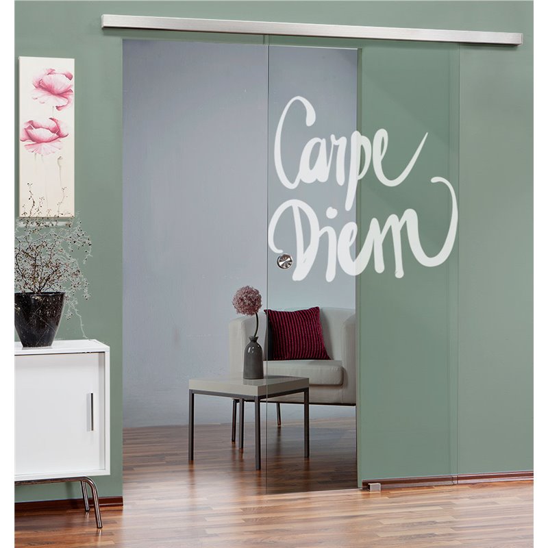 Glasschiebetür SLIM-LINE Carpe Diem Gelasert Auf Klarglas Glasschiebetür SLIM-LINE Carpe Diem Gelasert Auf Klarglas