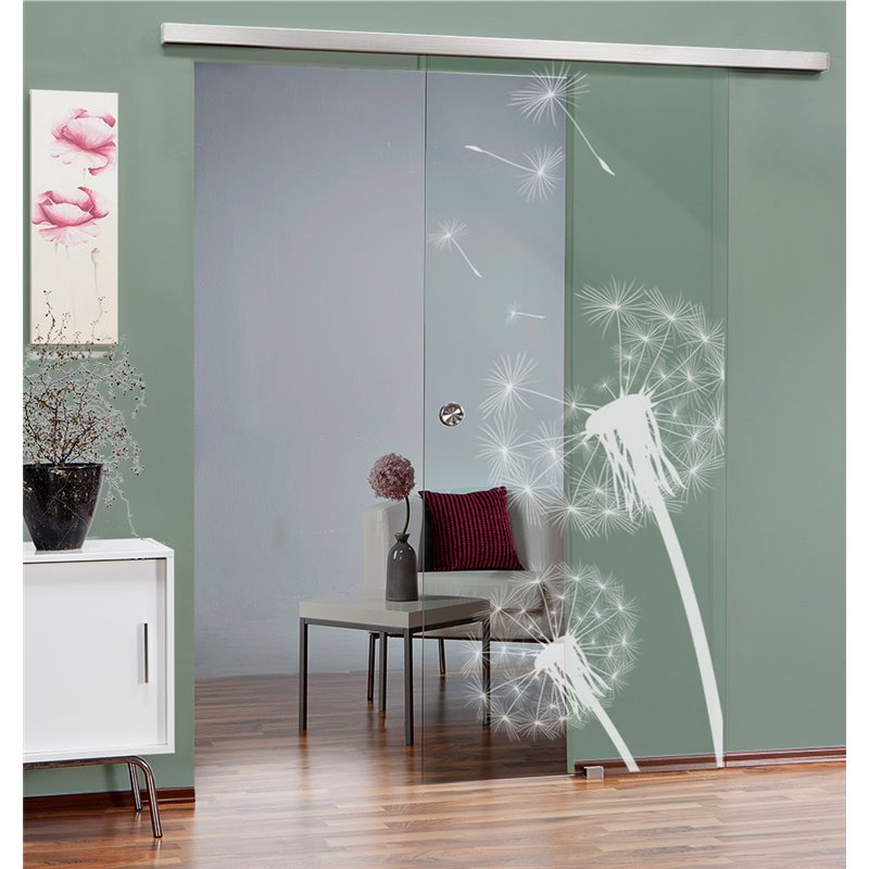 Glasschiebetür SLIM-LINE Pusteblume Gelasert Auf Klarglas Glasschiebetür SLIM-LINE Pusteblume Gelasert Auf Klarglas