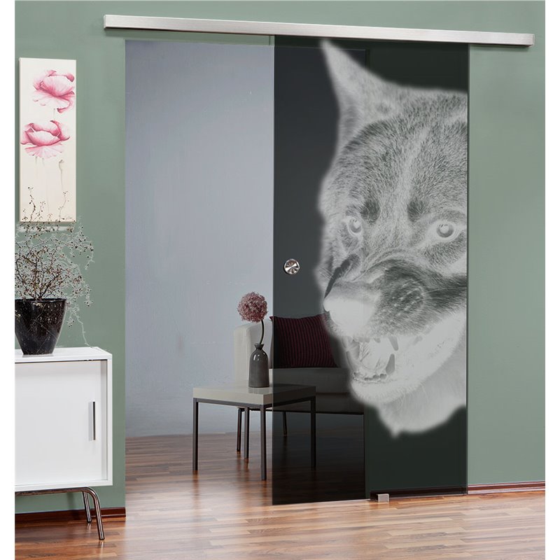 Glasschiebetür SLIM-LINE Wolf Gelasert Auf Grauglas Glasschiebetür SLIM-LINE Wolf Gelasert Auf Grauglas