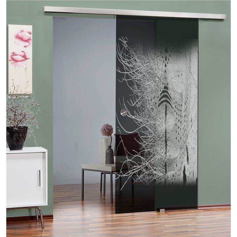 Glasschiebetür SLIM-LINE Abstrakt 7 Gelasert Auf Grauglas Glasschiebetür SLIM-LINE Abstrakt 7 Gelasert Auf Grauglas