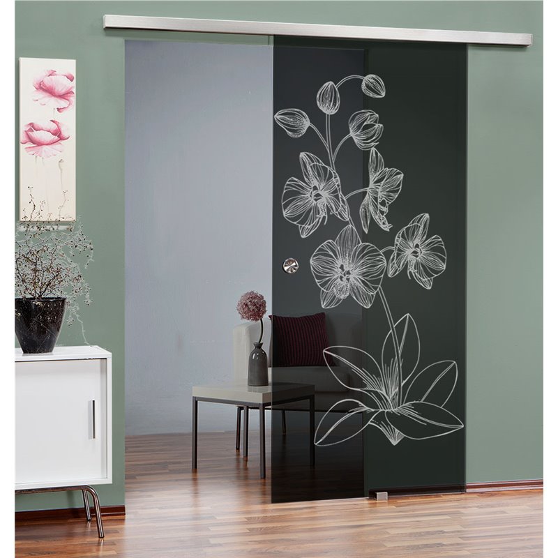 Glasschiebetür SLIM-LINE Blume 9 Gelasert Auf Grauglas Glasschiebetür SLIM-LINE Blume 9 Gelasert Auf Grauglas