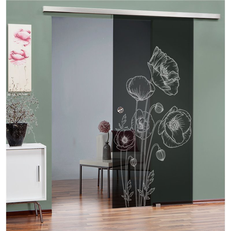 Glasschiebetür SLIM-LINE Blume 10 Gelasert Auf Grauglas Glasschiebetür SLIM-LINE Blume 10 Gelasert Auf Grauglas