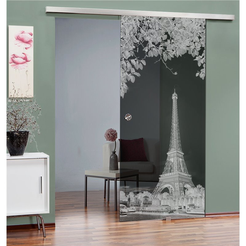 Glasschiebetür SLIM-LINE Eifelturm 2 Gelasert Auf Grauglas Glasschiebetür SLIM-LINE Eifelturm 2 Gelasert Auf Grauglas